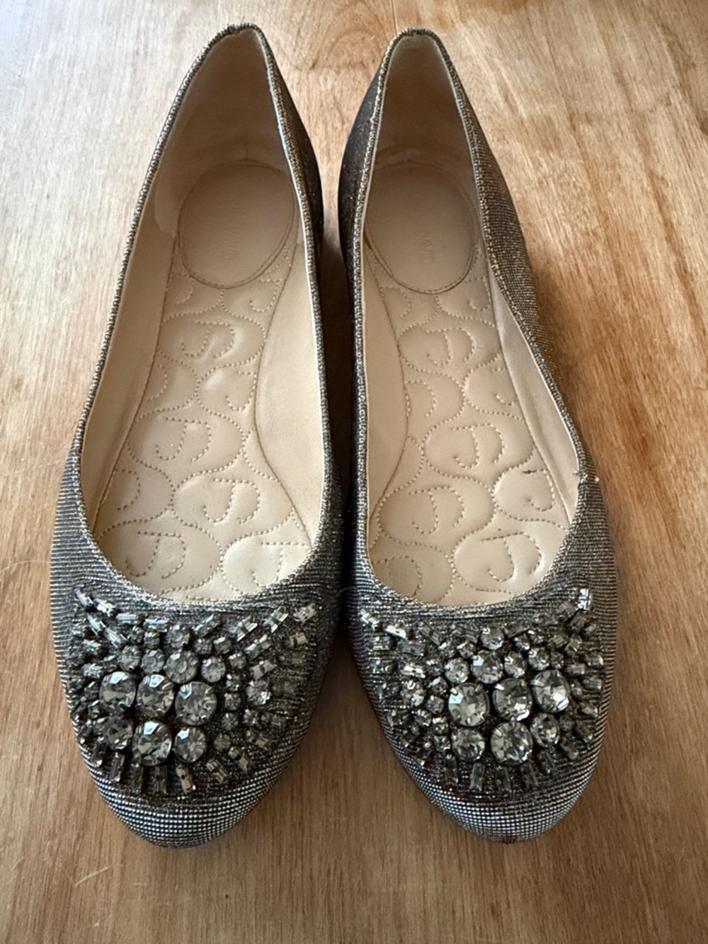 Vintage Joan & David Metallic Silver Crystal-Embellished Ballet Flats
